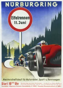 Prints of A poster advertising a mixed car and motorcycles racing programme at the Nurburgring in Germany Germany Prints: Nurburgring Motor Racing Print