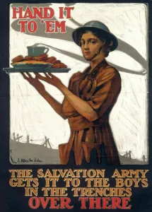 Prints of World War I poster requesting the public to donate food and supplies to the Salvation Army who will distribute to soldiers fighting in France World War I Prints: Salvation Army WWI Print: Donating Food and Supplies to French Soldiers