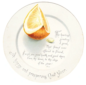 Orange segment on a plate-shaped New Year card Orange segment on a plate-shaped New Year card