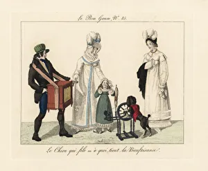 An organ grinder and a poodle with spinning machine An organ grinder and a poodle with spinning machine