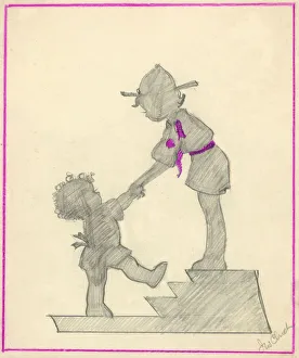 Original Artwork - Boy scout helping toddler up steps Original Artwork - Boy scout helping toddler up steps