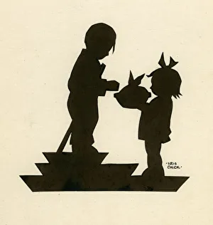 Original Artwork - Girl presenting pie to boy Original Artwork - Girl presenting pie to boy