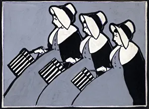 Original Artwork - Three identical maids with hat boxes Original Artwork - Three identical maids with hat boxes