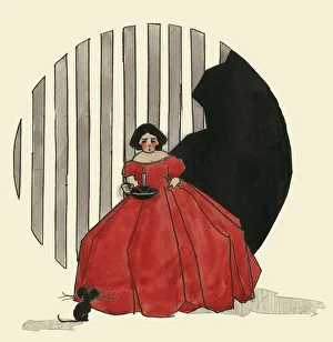 Original Artwork - Woman in red dress surprised by mouse Original Artwork - Woman in red dress surprised by mouse