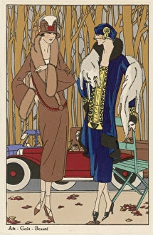 <b class=qtipBold><figcaption>Outdoor Fashions</figcaption></b><br>They have driven into the Bois de Boulogne, and now they are debating wheher to sit or walk in their costumes by Paul Poiret and Drecoll.<br><em>© Mary Evans Picture Library</em> Outdoor Fashions