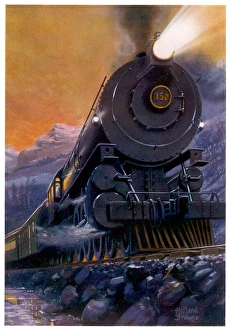 <b class=qtipBold><figcaption>Overland Limited 1913</figcaption></b><br>The 'OVERLAND LIMITED' is the crack train of the Union and Central Pacific Railways - the first transcontinental train, depicted here as it thunders through the Rockies<br><em>© Mary Evans Picture Library</em> Overland Limited 1913