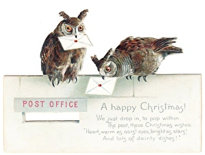 <b class=qtipBold><figcaption>Two owls on a Christmas card</figcaption></b><br>Two owls on a Christmas card, with envelopes in their beaks. Date: circa 1890s<br><em>© The David Pearson Collection/Mary Evans Picture Library</em> Two owls on a Christmas card