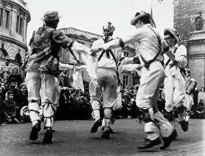 Prints of Morris men dancing in a ring in Oxford, England, on May Day. Date: late 1950s Dance Prints: Oxford Morris Dancers in May Day Ring, Late 1950s Print