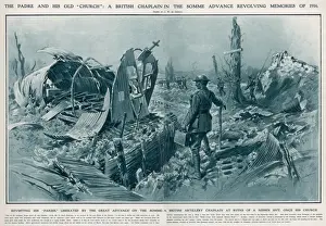 Prints of A British Artillery chaplain during the Somme advance of 1918 surveys the ruins of a Nissen hut which once served as a makeshift church in 1916 Battlefield Prints: WWI British Artillery Chaplain Surveys Ruins Print