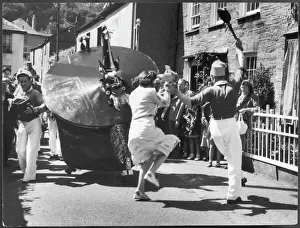 Prints of ENGLAND: PADSTOW HOBBY HORSE: MAY DAY. Oss, teaser and attendants dance. Any woman caught under the frame of the Oss will become pregnant before the end of the year Dance Prints: Padstow Hobby Horse Print: Traditional English May Day Scene