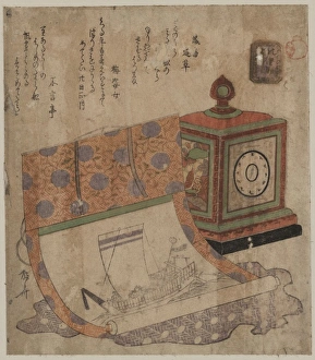 Painting of a ship of treasures and a western clock Painting of a ship of treasures and a western clock