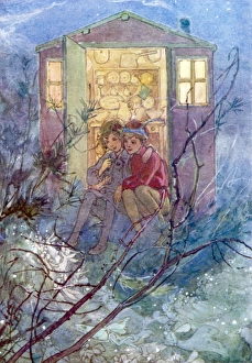<b class=qtipBold><figcaption>Pan/Woodward/Wendy Hse</figcaption></b><br>Peter Pan and Wendy sit on the doorstep of the wendy house.<br><em>© Mary Evans Picture Library</em> Pan/Woodward/Wendy Hse
