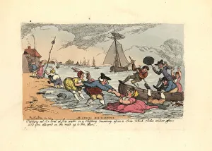 Passengers slipping and falling into the river mud Passengers slipping and falling into the river mud