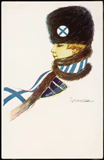 Prints of A young, blonde patriotic Greek girl wears a brimless fur hat with a flag cap badge and a fur-trimmed scarf whose design is based on the flag of Greece Finland Prints: Fur-Hatted Patriotic Finnish Girl Print