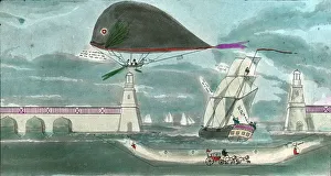 Pauly and Eggs dolphin, or fish-formed Balloon, over sea Pauly and Eggs dolphin, or fish-formed Balloon, over sea