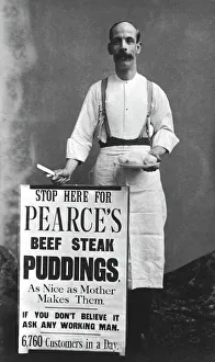 <b class=qtipBold><figcaption>Pearce's Beef Steak Puddings</figcaption></b><br>Man advertising Pearce's Beef Steak Puddings, 1891 Date: 1891<br><em>© Mary Evans / National Archives</em> Pearce's Beef Steak Puddings