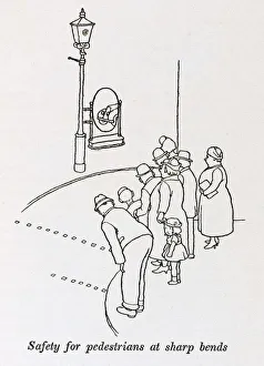 <b class=qtipBold><figcaption>Pedestrian safety / W H Robinson</figcaption></b><br>Safety for pedestrians at sharp bends, with the help of a dressing table mirror attached to a lampost. Please note: Credit must appear as (c) Courtesy of the estate of Mrs J.C.Robinson/Pollinger Ltd/Mary Evans Picture Library<br><em>© Mary Evans Picture Library 2015 - https://copyrighthub.org/s0/hub1/creation/maryevans/MaryEvansPictureID/10412493</em> Pedestrian safety / W H Robinson
