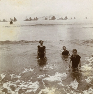 Three people bathing at Scarborough, North Yorkshire Three people bathing at Scarborough, North Yorkshire
