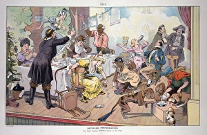 Between performances. Illustration shows a scene on a stage with a large table and many actors and actresses engaged in various activities; on the far left is a Christmas tree with decorations based on the characters from the Harriet Beecher Stowe novel Uncle Tom's Cabin, at top is an angel labeled Haley, and moving down the tree is a playing card spade labeled Marks, a black doll labeled Simon Legree, a champagne bottle labeled Mrs. Ophelia, a bottle of face powder labeled Topsey, a dog labeled Eliza, and at the bottom, a whip labeled Uncle Tom. On the floor next to the tree is a jug labeled Eagle Hotel Main Street. Date 1907 December 4. Between performances. Illustration shows a scene on a stage with a large table and many actors and actresses engaged in various activities; on the far left is a Christmas tree with decorations based on the characters from the Harriet Beecher Stowe novel Uncle Tom's Cabin, at top is an angel labeled Haley, and moving down the tree is a playing card spade labeled Marks, a black doll labeled Simon Legree, a champagne bottle labeled Mrs. Ophelia, a bottle of face powder labeled Topsey, a dog labeled Eliza, and at the bottom, a whip labeled Uncle Tom. On the floor next to the tree is a jug labeled Eagle Hotel Main Street. Date 1907 December 4 Between performances