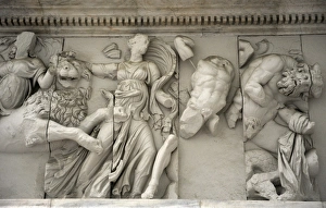 Pergamon Altar. Goddess Rhea or Cybele riding on a lion next Pergamon Altar. Goddess Rhea or Cybele riding on a lion next