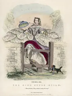 Print of a woman in a cage crinoline struggling over a country stile