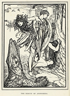 <b class=qtipBold><figcaption>Perseus & Andromeda/Ford</figcaption></b><br>Perseus rescues Andromeda from being sacrificed to the monstrous fish with walking feet by showing Medusa's dismembered head to it and thereby turning it to stone.<br><em>© Mary Evans Picture Library</em> Perseus & Andromeda/Ford