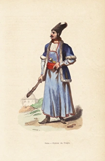 Persian man in fur hat and jacket, carrying Persian man in fur hat and jacket, carrying