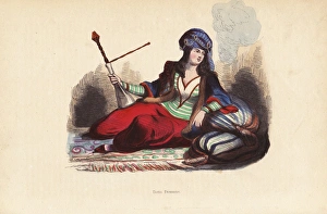 Persian noble woman in jeweled turban smoking a hookah pipe Persian noble woman in jeweled turban smoking a hookah pipe