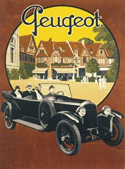 <b class=qtipBold><figcaption>Peugeot advertising poster</figcaption></b><br>Poster for Peugeot cars featuring a comfortable looking car with a driver and three passengers passing through an idyllic looking town or village with half-timbered houses.<br><em>© Mary Evans Picture Library 2015 - https://copyrighthub.org/s0/hub1/creation/maryevans/MaryEvansPictureID/10239604</em> Peugeot advertising poster