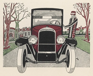 <b class=qtipBold><figcaption>Peugeot Front View</figcaption></b><br>Front-on view of a Peugeot with its smartly dressed owner. Date: 1925<br><em>© Mary Evans Picture Library</em> Peugeot Front View