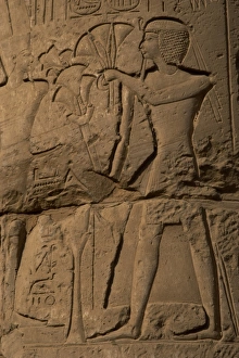 Pharaoh making an offering of papyrus flowers to the gods. L Pharaoh making an offering of papyrus flowers to the gods. L