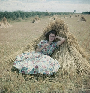 <b class=qtipBold><figcaption>Pin-Up in Corn Field</figcaption></b><br>Smiling country girl in floral print summer frock leans back leisurely in a corn field after the harvest.<br><em>© Mary Evans Picture Library</em> Pin-Up in Corn Field