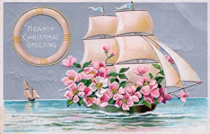Pink flowers in a sailing ship on a Christmas postcard Pink flowers in a sailing ship on a Christmas postcard