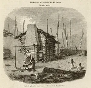 Pioneer settlers outside their log cabin Pioneer settlers outside their log cabin