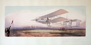 Pochoir print, Aviation Grand Prix, Henri Farman completes 1000 metres in his aeroplane Pochoir print, Aviation Grand Prix, Henri Farman completes 1000 metres in his aeroplane