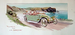 Pochoir print, early car with driver and two passengers - Ils y viennent tous a la Pochoir print, early car with driver and two passengers - Ils y viennent tous a la