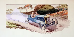 Pochoir print, Motor Racing, French Grand Prix, blue car Date: 1913 Pochoir print, Motor Racing, French Grand Prix, blue car Date: 1913