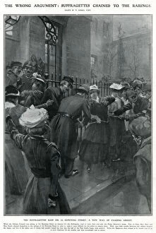 Police removing suffragettes chained to railings 1908