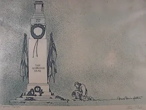 Prints of His Pals - Fragments Copyright. Old Bill kneeling in front of the Cenotaph in Whitehall. Captain Bruce Bairnsfather, 1St Btn. Royal Warwickshire Regiment (1888-1959) World War I Prints: Old Bill Kneeling in Front of the Cenotaph Print
