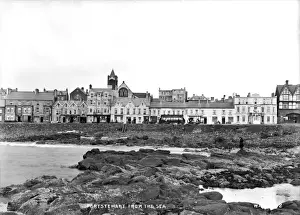 Prints of Portstewart from the Sea - a view of the promenade from the rocks with tram visible. (Location: Northern Ireland: County Londonderry: Portstewart). Date: circa early 1900s Northern Ireland Prints: Portstewart from the Sea - Early 20th Century Print