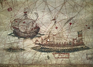 Portuguese galleys and caravels. Detail of a Portuguese galleys and caravels. Detail of a