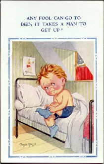 Difficult Gallery: Postcard, Little boy getting out of bed in the morning Date: 20th century