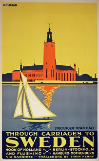 Prints of Poster advertising trips by train and ferry to Sweden, showing Stockholm Town Hall across the water. 20th century Sweden Prints: 20th Century Print: Stockholm Town Hall Ferry Poster