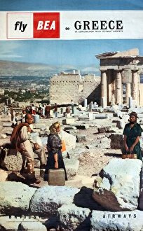 <b class=qtipBold><figcaption>Poster, Fly BEA to Greece</figcaption></b><br>Poster, Fly BEA to Greece, in conjunction with Olympic Airways, showing the Acropolis in Athens in a scene from the film, Boy on a Dolphin. Date: 1958<br><em>© Mary Evans Picture Library/Onslow Auctions Limited</em> Poster, Fly BEA to Greece