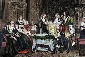 The posthumous baptism. Engraving. Colored The posthumous baptism. Engraving. Colored