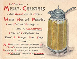 Pot of mustard with comic verse on a Christmas card Pot of mustard with comic verse on a Christmas card