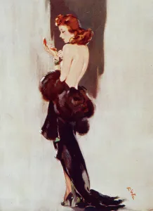 <b class=qtipBold><figcaption>Powder Monkey by David Wright</figcaption></b><br>Powder Monkey by David Wright, showing a back view of an elegantly slim woman only just covered by a fur evening coat, looking at herself in a powder compact mirror. Wright produced a series of over 160 illustrations or 'pin-ups' for 'The Sketch' during the 1940's. David Wright's 'Lovelies' proved hugely popular and adorned practically every military mess, bunker, dormitory or club room in the country during World War II.<br><em>© Estate of David Wright/ILN/Mary Evans Picture Library</em> Powder Monkey by David Wright