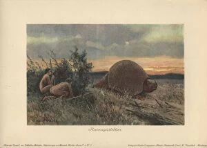 Primitive men with spears hunting a glyptodon