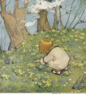 <b class=qtipBold><figcaption>Primrose Time by Muriel Dawson</figcaption></b><br>A small girl crouches down in a meadow to gather the copious primroses growing there.<br><em>© Mary Evans Picture Library / Muriel Dawson</em> Primrose Time by Muriel Dawson