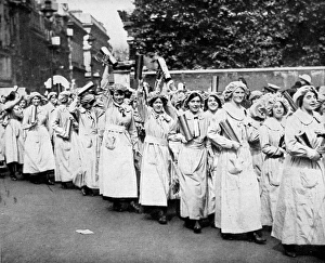 Procession of cheering women war-workers Procession of cheering women war-workers